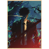 Affiche Solo Leveling avec un personnage mystérieux en costume noir sur fond vibrant