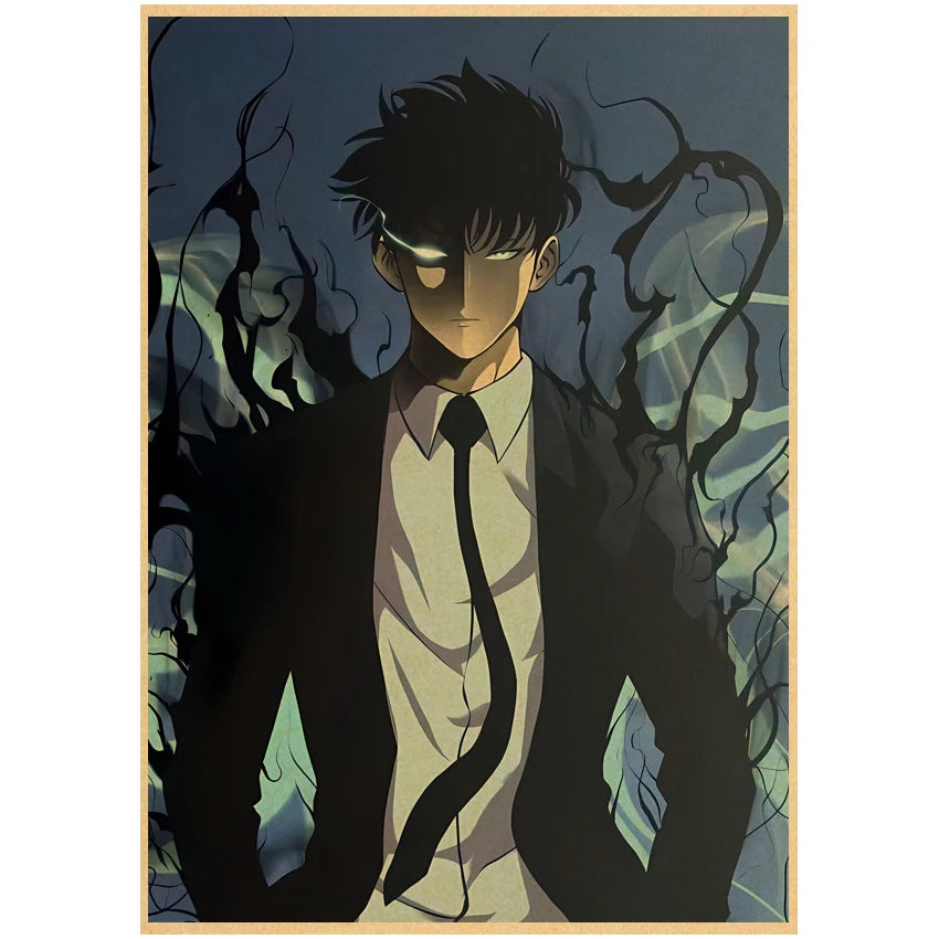 AfficheSolo Leveling avec un personnage en costume noir et des ombres mystérieuses en arrière-plan