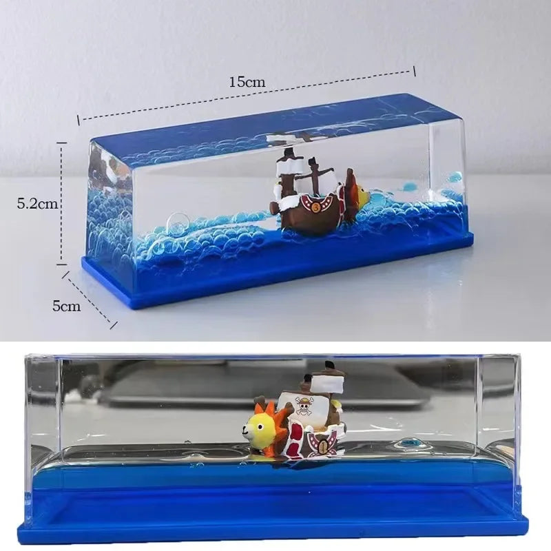Réplique en bouteille One Piece avec un bateau et des vagues en bleu, décoratif pour les fans d'anime