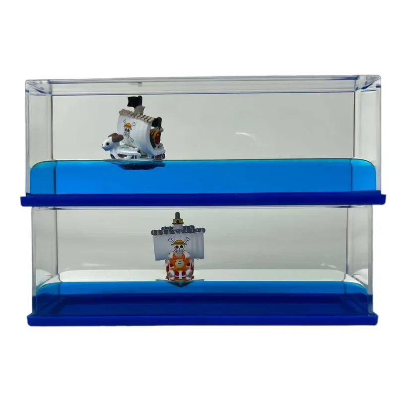Réplique en bouteille One Piece avec deux navires en miniature dans un décor aquatique