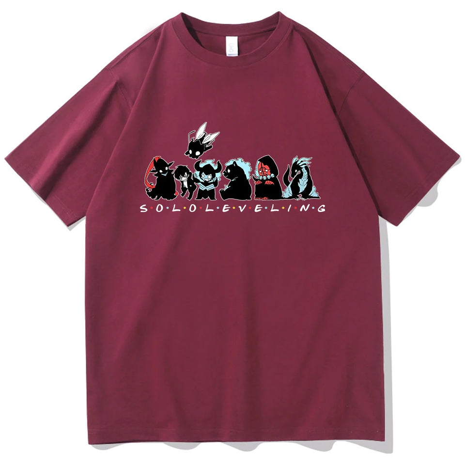 T-shirt Eterna Solo Leveling en bordeaux avec des personnages colorés et motif unique