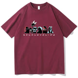 T-shirt Eterna Solo Leveling en bordeaux avec des personnages colorés et motif unique