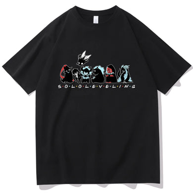T-shirt noir Eterna Solo Leveling avec illustration colorée de personnages emblématiques