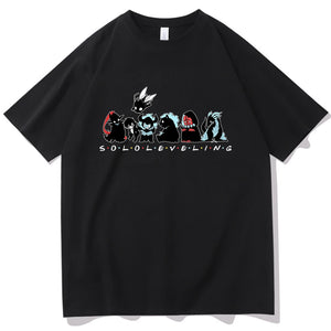 T-shirt noir Eterna Solo Leveling avec illustration colorée de personnages emblématiques