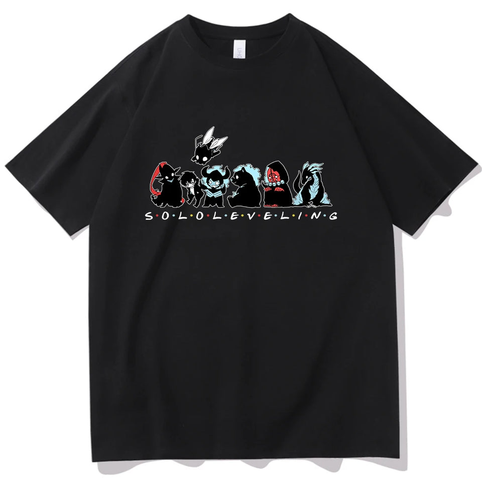 T-shirt noir Eterna Solo Leveling avec illustration colorée de personnages emblématiques