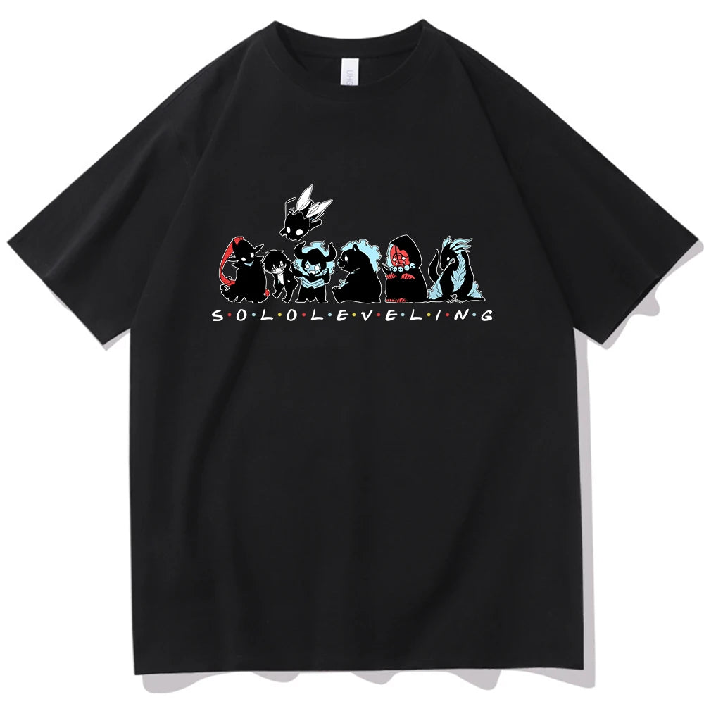 T-shirt noir Eterna Solo Leveling avec illustration colorée de personnages emblématiques