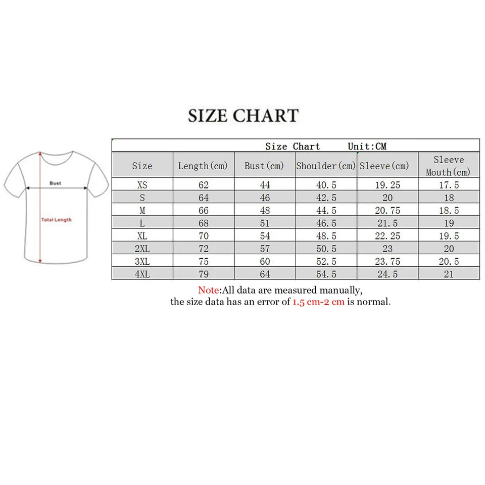 Tableau des tailles pour T-shirt Solo Leveling d'Eterna avec mesures détaillées pour chaque taille