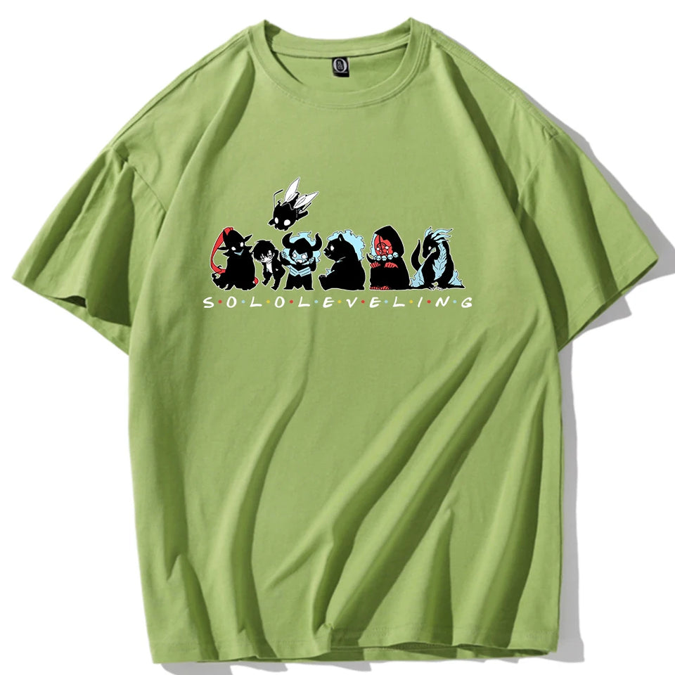 T-shirt Eterna Solo Leveling en vert avec motifs colorés et texte stylisé pour les fans d'anime
