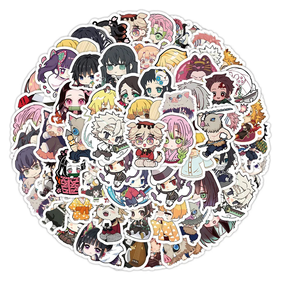 Ensemble d'autocollants kawaii Demon Slayer représentant des personnages mignons de la série