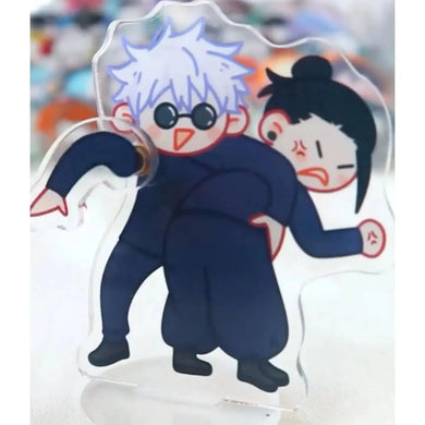 Support acrylique Jujutsu Kaisen représentant deux personnages stylisés en action dynamique