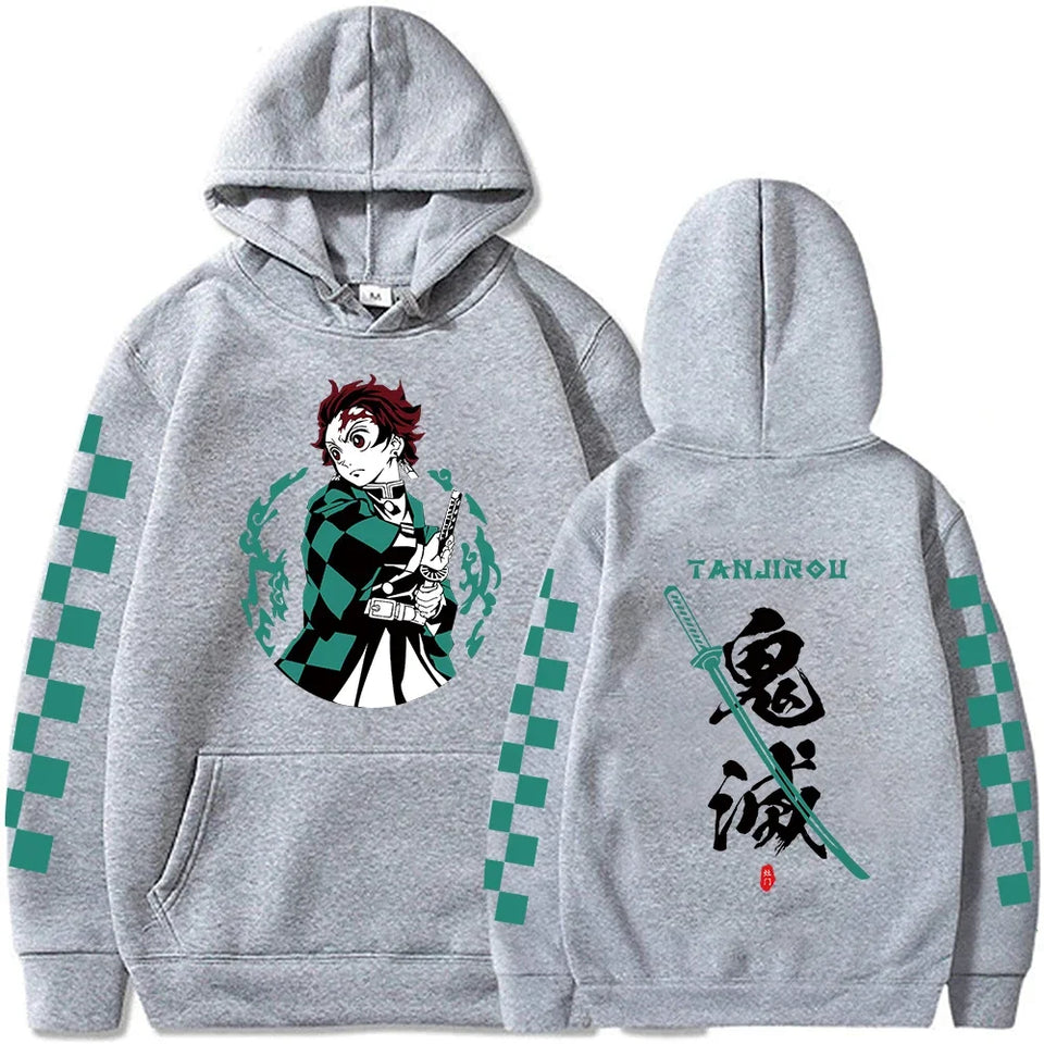 Sweat imprimé manga gris Eterna avec illustration de personnage et motifs sur les manches