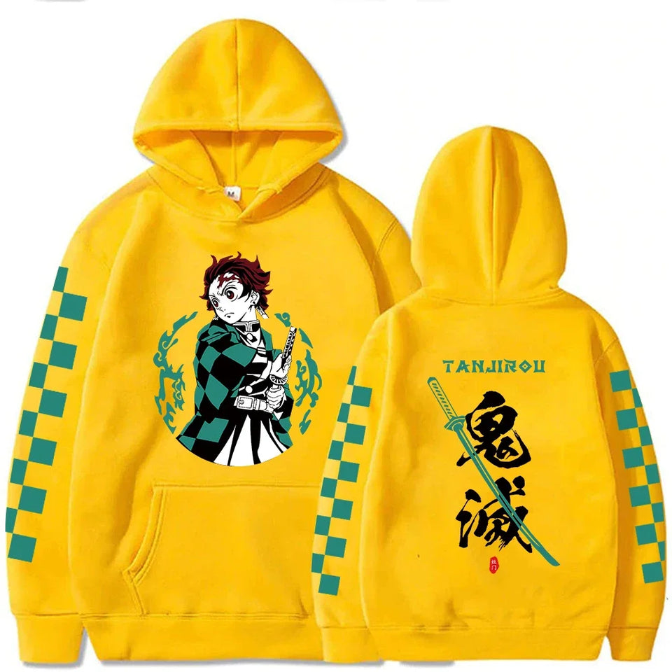 Sweat imprimé manga en jaune avec motifs de personnage animé et manches à carreaux