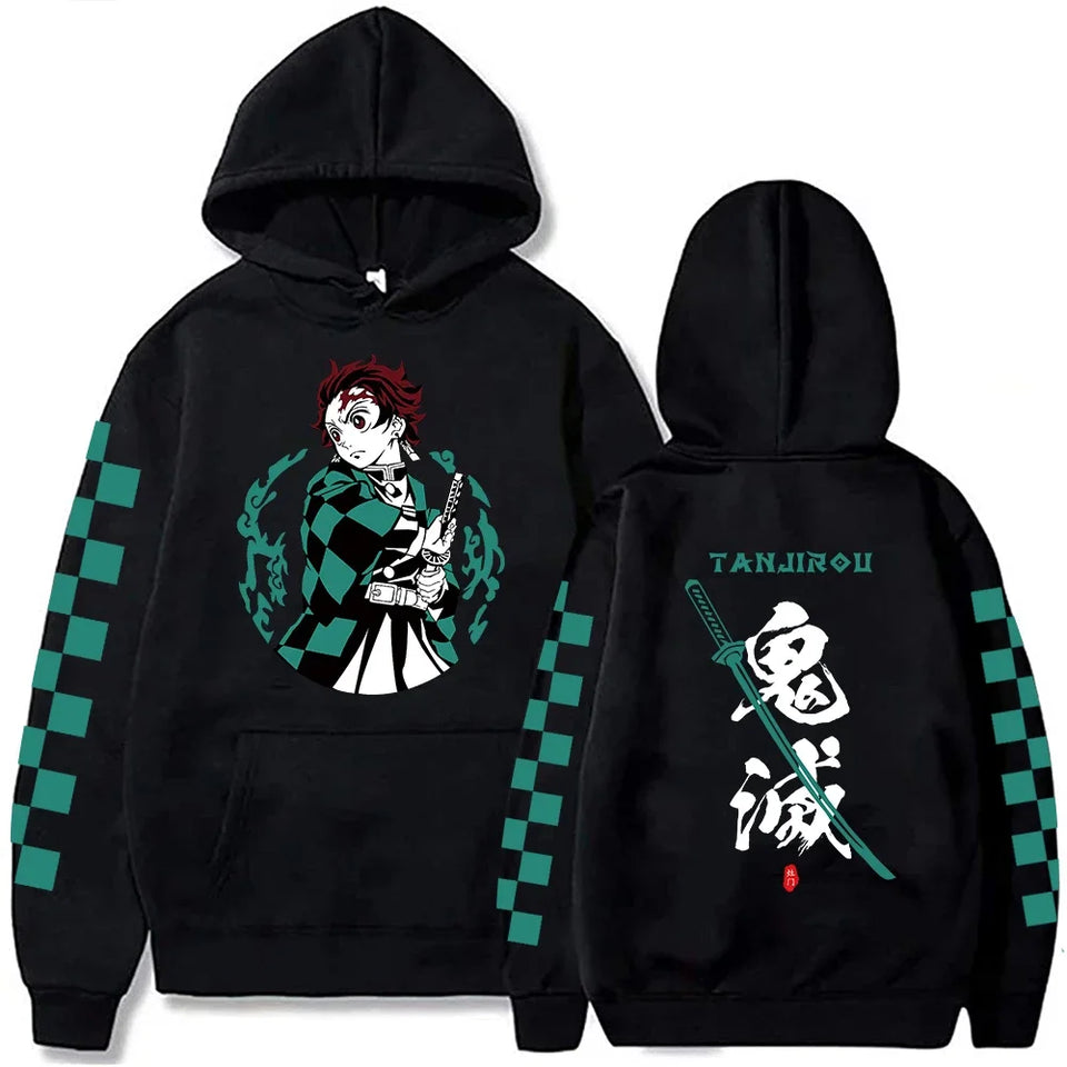 Sweat imprimé manga noir avec design de personnage et inscription Tanjiro sur le dos