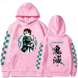 Sweat imprimé manga rose avec motif de personnage et manches à carreaux pour les fans d'anime