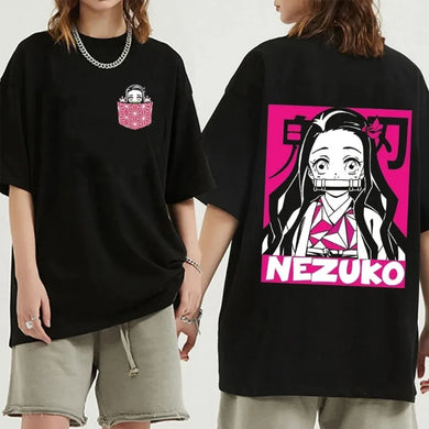 T-shirt femme Nezuko noir avec un design graphique sur le dos et une poche avant