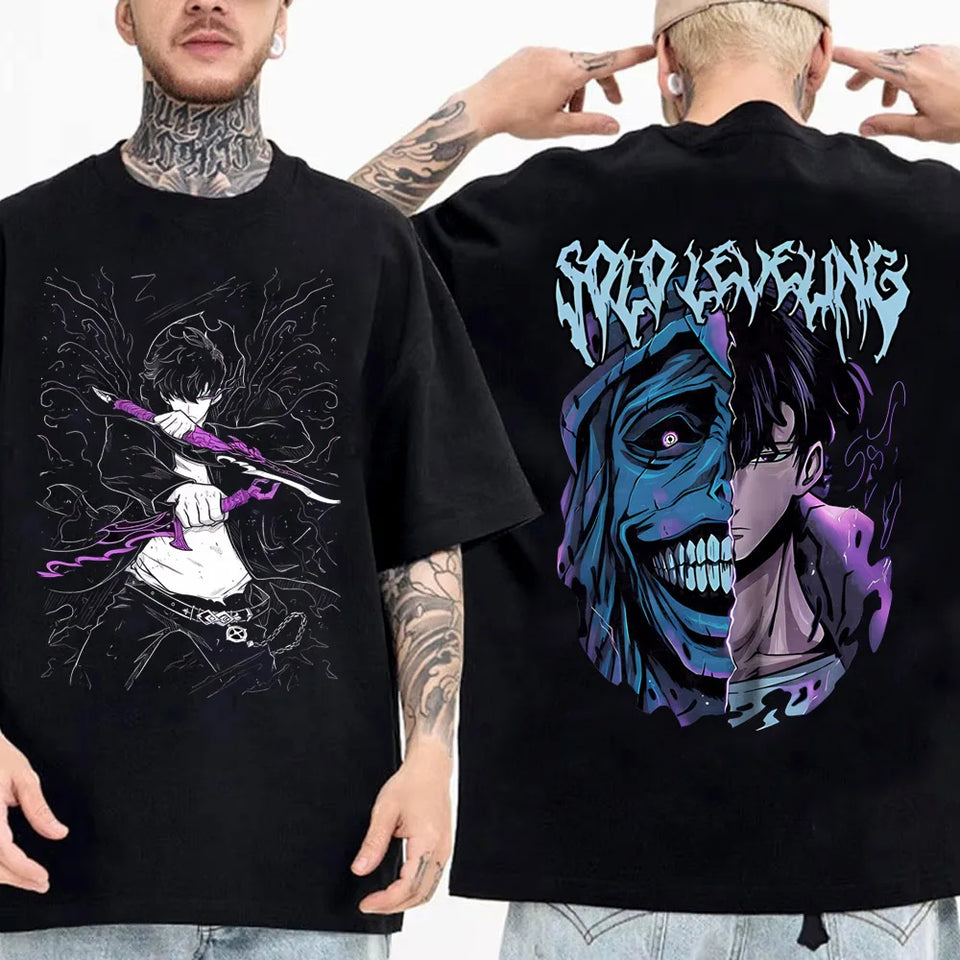 T-shirt manga Solo Leveling avec designs avant et arrière de personnages emblématiques en noir