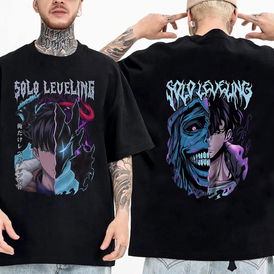 T-shirt manga Solo Leveling noir avec impression graphique des personnages avant et arrière
