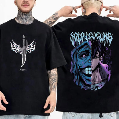 T-shirt manga Solo Leveling avec un design unique sur le devant et le dos, en noir