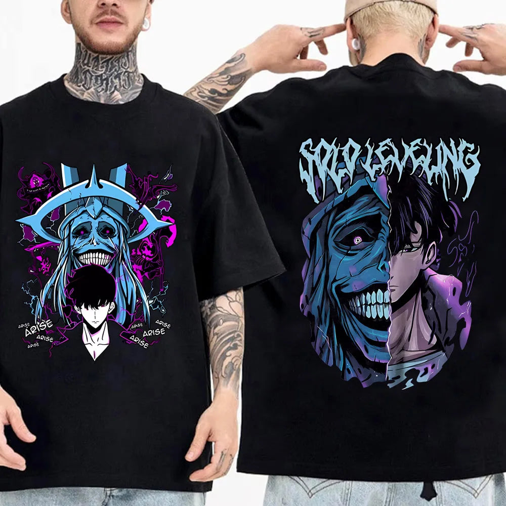 T-shirt manga Solo Leveling avec graphisme accrocheur en noir, parfait pour les fans d'anime.