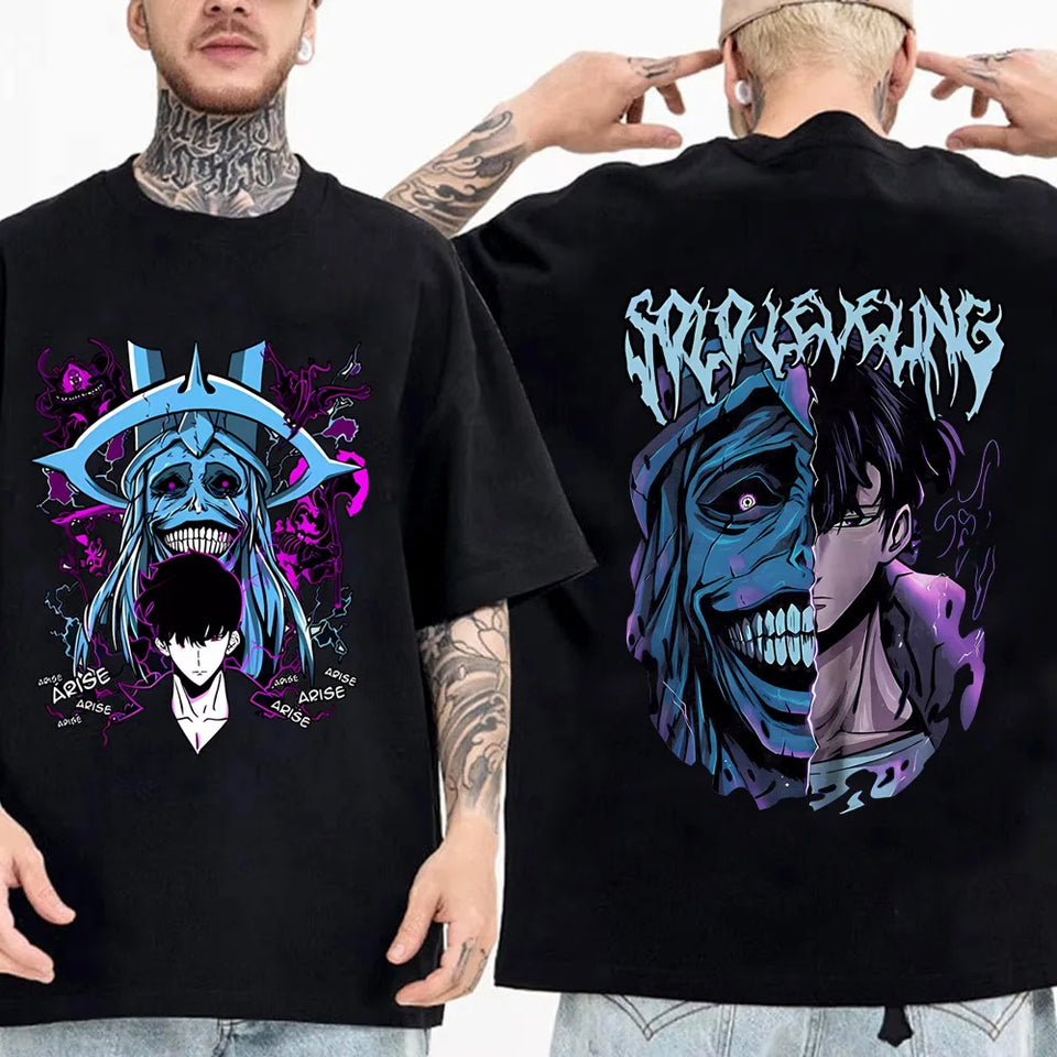 T-shirt manga Solo Leveling avec graphisme accrocheur en noir, parfait pour les fans d'anime.
