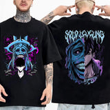 T-shirt manga Solo Leveling avec graphisme accrocheur en noir, parfait pour les fans d'anime.