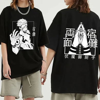 T-shirt Ryomen Sukuna femme en noir avec illustrations sur le devant et derrière, style décontracté