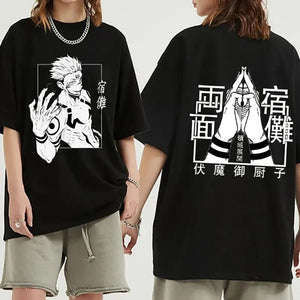 T-shirt Ryomen Sukuna femme en noir avec illustrations sur le devant et derrière, style décontracté