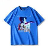 T-shirt Solo Leveling en bleu avec un design inspiré de l'animation et un personnage stylisé