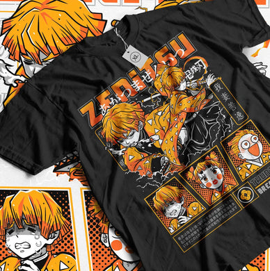 T-shirt Zenitsu femme en noir avec des graphiques colorés inspirés de l'anime, parfait pour les fans