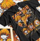 T-shirt Zenitsu femme en noir avec des graphiques colorés inspirés de l'anime, parfait pour les fans