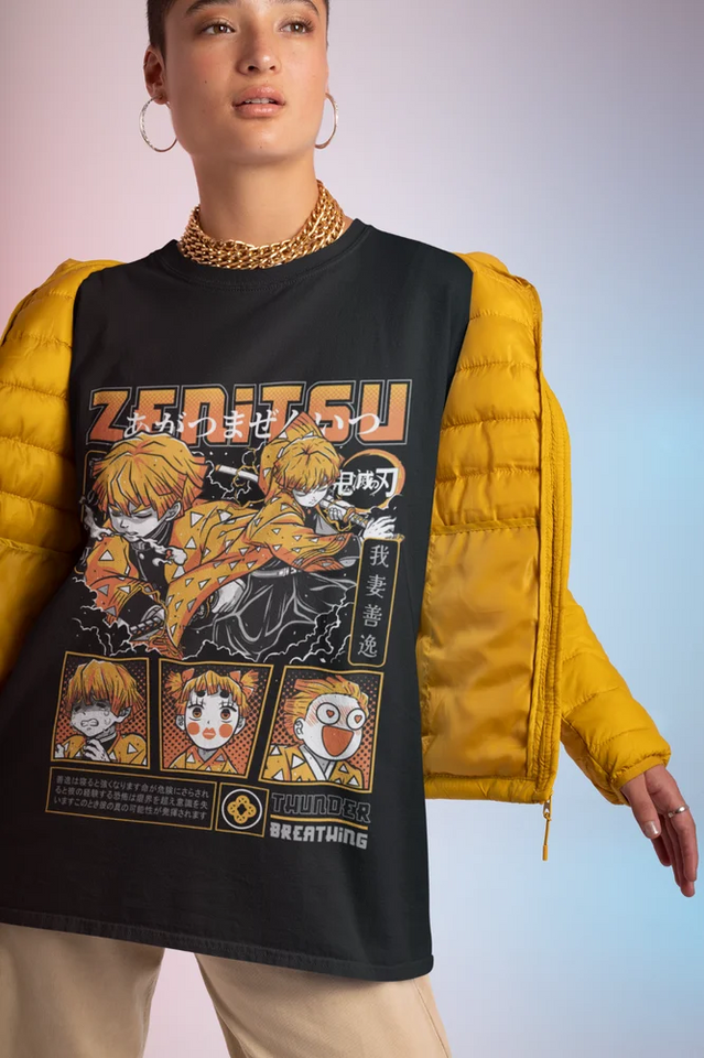 T-shirt Zenitsu femme avec un design coloré d'animation et des motifs vibrants