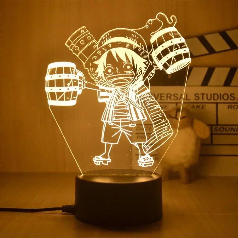 Veilleuse 3D One Piece avec personnage de Luffy tenue d'équipement et barriques lumineuses