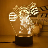 Veilleuse 3D One Piece avec personnage de Luffy tenue d'équipement et barriques lumineuses