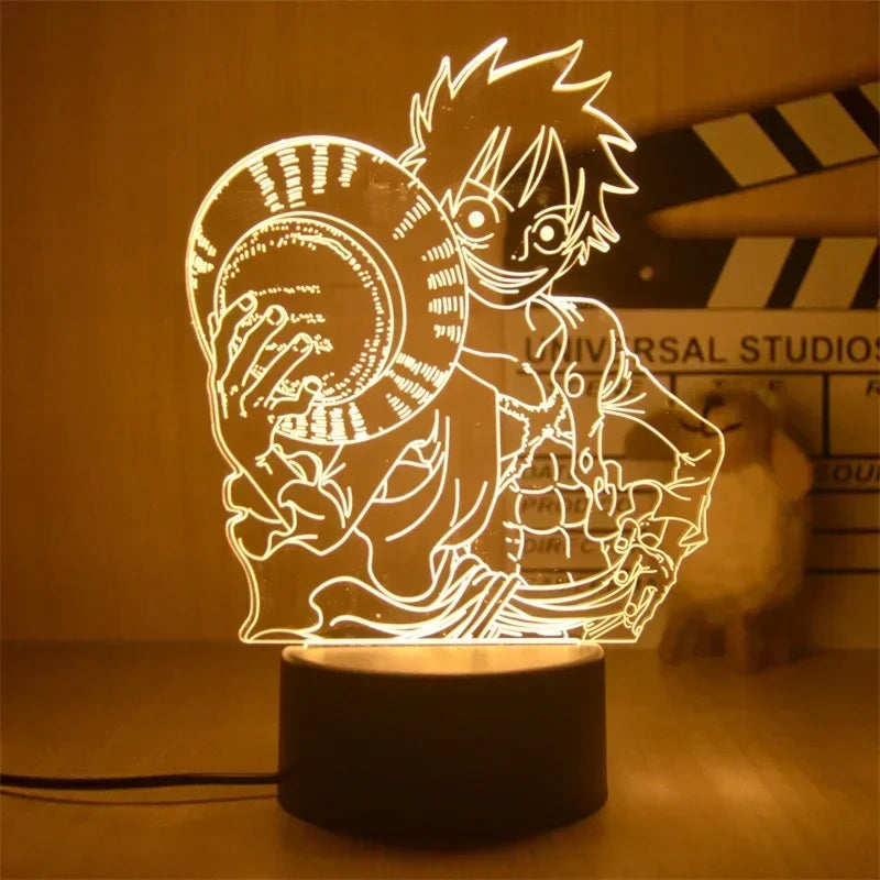 Veilleuse 3D One Piece en forme de Luffy avec base noire éclairante pour fans d'animation