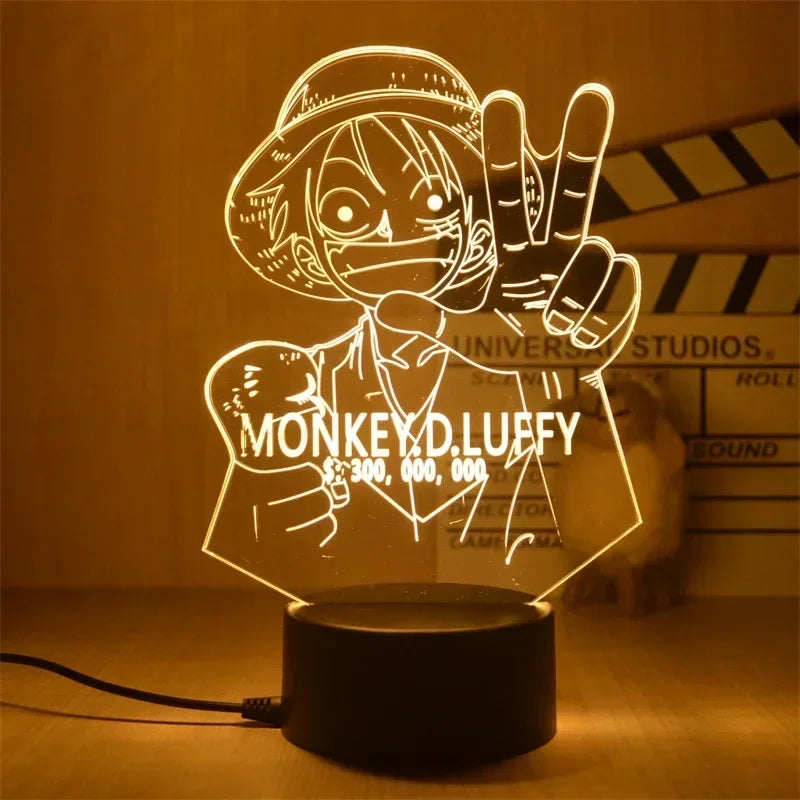 Veilleuse 3D One Piece représentant Monkey D. Luffy avec un sourire et un signe de paix