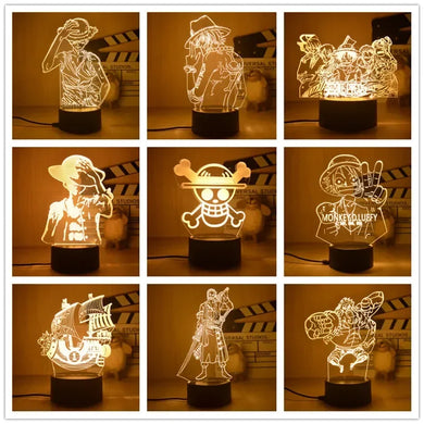 Veilleuse 3D One Piece avec designs variés de personnages emblématiques et une base élégante